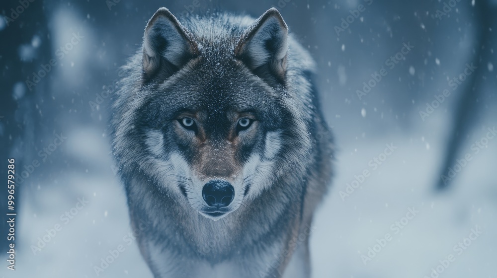 In a serene snowy forest, a focused wolf stands with its sharp gaze directed ahead, embodying the crispness of the cold winter atmosphere In a serene snowy forest, a focused wolf stands with its sharp gaze directed ahead, embodying the crispness of the cold winter atmosphere