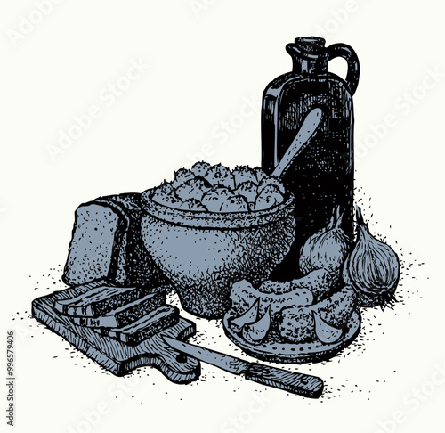 Vector still life. Traditional Slavic food: potatoes in a clay pot