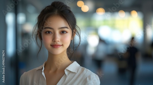 Young Asian Woman Smiling Confidently in a Modern Setting