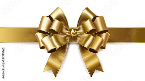 Golden bow and ribbon realistic illustration for Christmas and birthday decorations isolated on white background