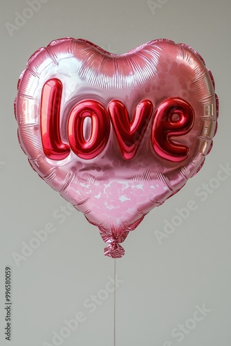 A shiny pink heart shaped balloon with the word love in glossy red letters