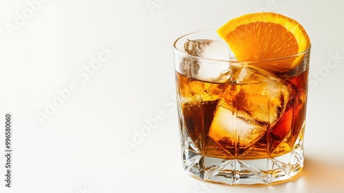 A classic old-fashioned cocktail, featuring whiskey, ice, and orange garnish, isolated on a bright white background, perfect for beverage promotions or mockups.