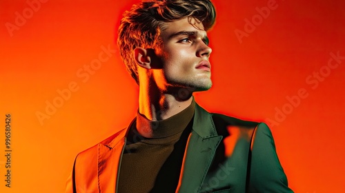 A stylish young man poses confidently against a vibrant orange background, showcasing modern fashion and elegance.