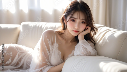 A beautiful woman relaxing on a white sofa in a living room with the morning sun shining in. Loungewear. Negligee. 朝日の差し込むリビングルームの白色のソファでくつろぐ綺麗な女性。部屋着。ネグリジェ。
