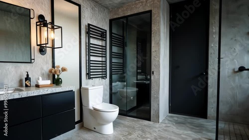 A modern bathroom featuring sleek design elements, minimalist decor, and an overall elegant atmosphere, emphasizing functionality and comfort