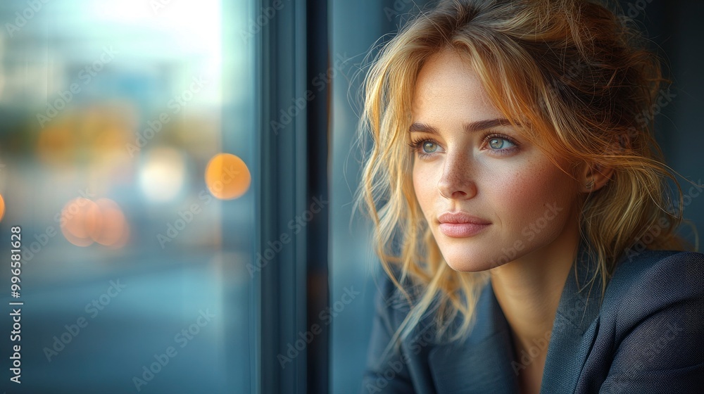 Beautiful Woman Looking Out Window with City Lights in Background Beautiful Woman Looking Out Window with City Lights in Background