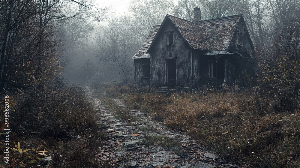 Eerie Abandoned House in a Foggy Forest Eerie Abandoned House in a Foggy Forest