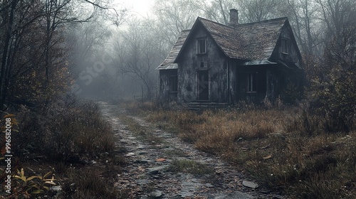 Eerie Abandoned House in a Foggy Forest