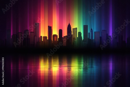 Colorful skyline silhouette with vibrant rainbow lights reflection.