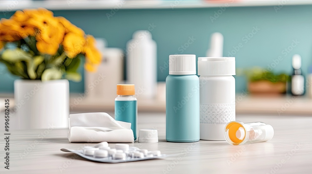 A tranquil scene with health products including bottles, tablets, and a soothing flower arrangement on a wooden surface. A tranquil scene with health products including bottles, tablets, and a soothing flower arrangement on a wooden surface.