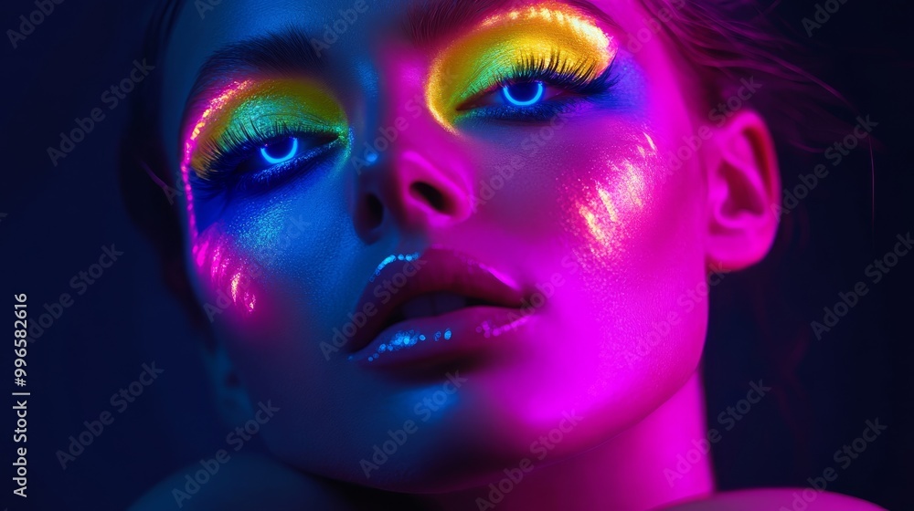 The subject features bold neon makeup accentuated by UV light, highlighting her facial features and creating a mesmerizing contrast against a dark background The subject features bold neon makeup accentuated by UV light, highlighting her facial features and creating a mesmerizing contrast against a dark background