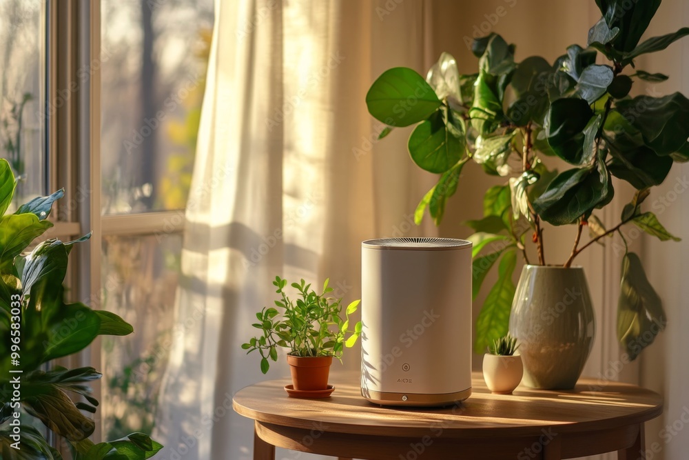 a modern, compact air purifier on a small, wooden table, with a few plants and a vase nearby. a modern, compact air purifier on a small, wooden table, with a few plants and a vase nearby.