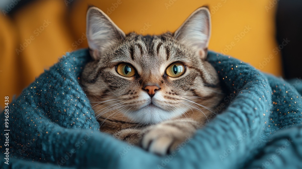A cozy cat wrapped in a soft blanket, exuding warmth and comfort. A cozy cat wrapped in a soft blanket, exuding warmth and comfort.