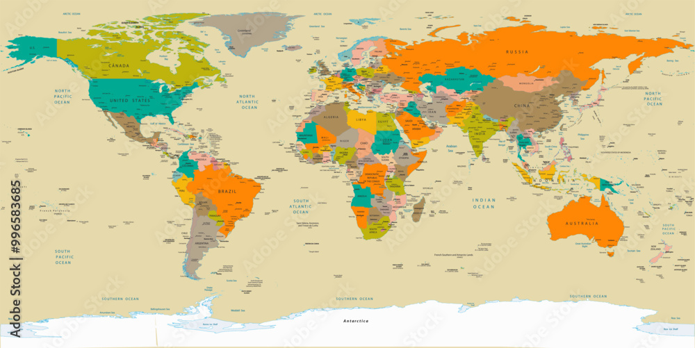 Naklejka premium Political simple world map Equirectangular projection
