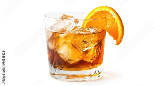 A refreshing old-fashioned cocktail with a twist of orange and ice, set against a white background, ideal for highlighting the simplicity and elegance of this classic drink.