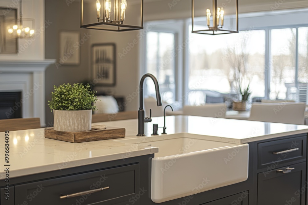 a modern kitchen with a large island, a farmhouse sink, and a pendant light fixture above the island a modern kitchen with a large island, a farmhouse sink, and a pendant light fixture above the island