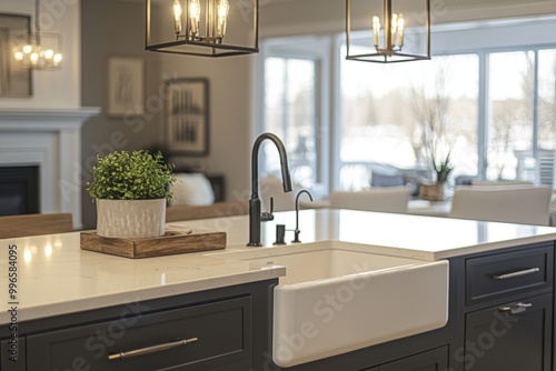 a modern kitchen with a large island, a farmhouse sink, and a pendant light fixture above the island