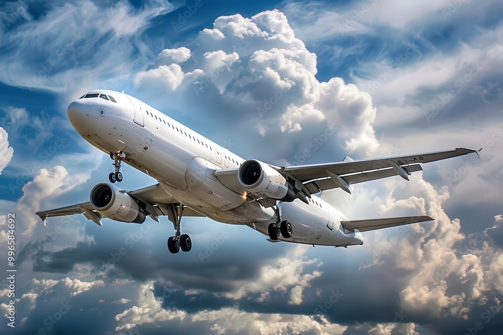 Obraz premium A white airplane is flying through a cloudy sky, generative ai image