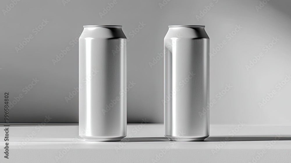 A sleek and slim aluminum metallic drink can mockup in a minimalistic perspective, offering a clean, realistic design template for energy drink or soda brand packaging. A sleek and slim aluminum metallic drink can mockup in a minimalistic perspective, offering a clean, realistic design template for energy drink or soda brand packaging.