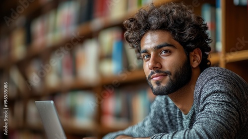 Young Man with Curly Hair Looking at Camera in Library