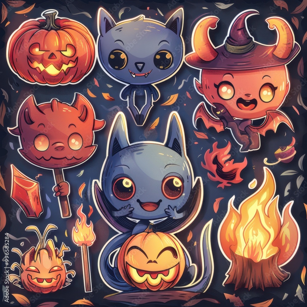 A set of various (cartoon Satan stickers) in full detail, isolated on a transparent background. The collection includes stickers such as (devilish character's) A set of various (cartoon Satan stickers) in full detail, isolated on a transparent background. The collection includes stickers such as (devilish character's)