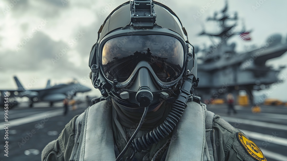 8. A military pilot in full gear, preparing for a mission on an aircraft carrier 8. A military pilot in full gear, preparing for a mission on an aircraft carrier