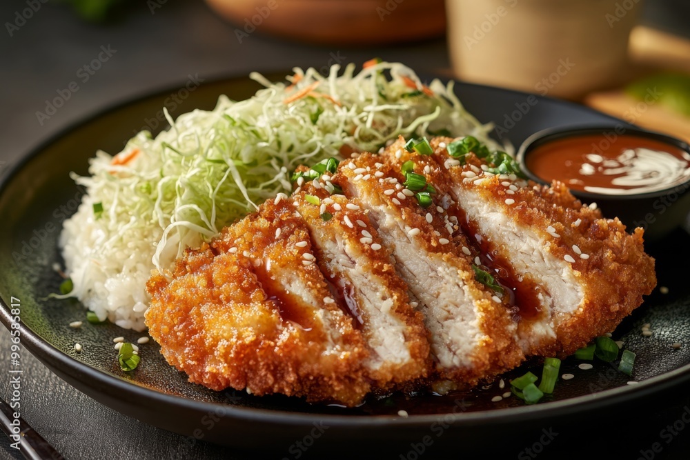 a mouthwatering katsu dish, featuring a breaded and deep-fried chicken or pork cutlet, served with shredded cabbage, steamed rice, and a side of spicy mayo a mouthwatering katsu dish, featuring a breaded and deep-fried chicken or pork cutlet, served with shredded cabbage, steamed rice, and a side of spicy mayo