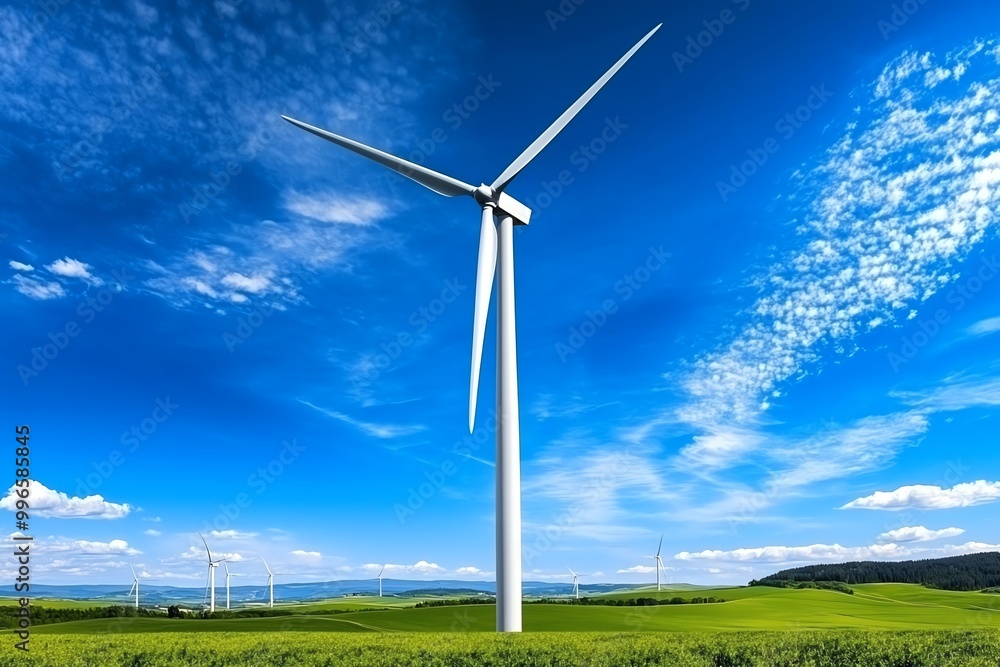 Fototapeta premium A wind turbine farm generating clean energy, with blue skies and green fields symbolizing green technology