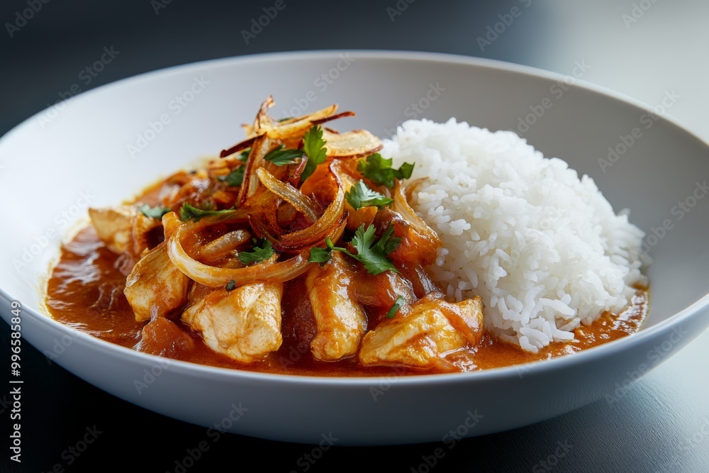 a mouthwatering portion of chicken massaman curry, with juicy chicken, crispy fried onions, and fluffy steamed rice, served in a simple yet elegant white bowl on a dark, gradient background a mouthwatering portion of chicken massaman curry, with juicy chicken, crispy fried onions, and fluffy steamed rice, served in a simple yet elegant white bowl on a dark, gradient background
