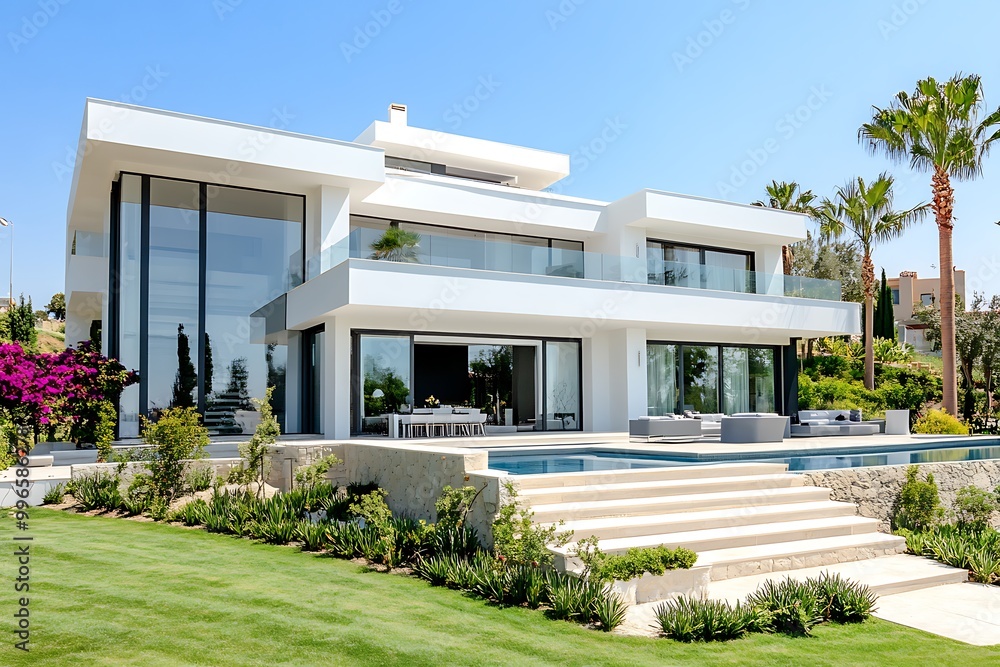 Modern Villa with a Swimming Pool and Lush Greenery