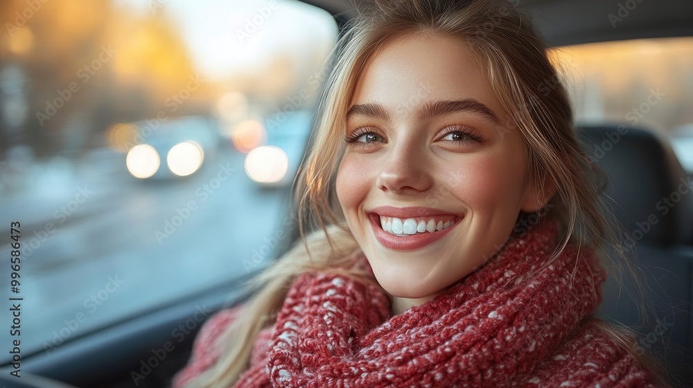 Happy Woman Wearing a Red Scarf in a Car Happy Woman Wearing a Red Scarf in a Car