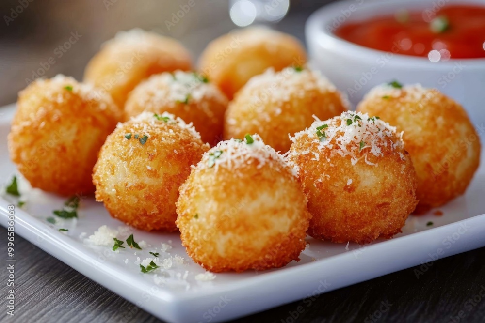 a plate of crispy arancini balls served with a side of tangy tomato sauce and a sprinkle of parmesan cheese a plate of crispy arancini balls served with a side of tangy tomato sauce and a sprinkle of parmesan cheese