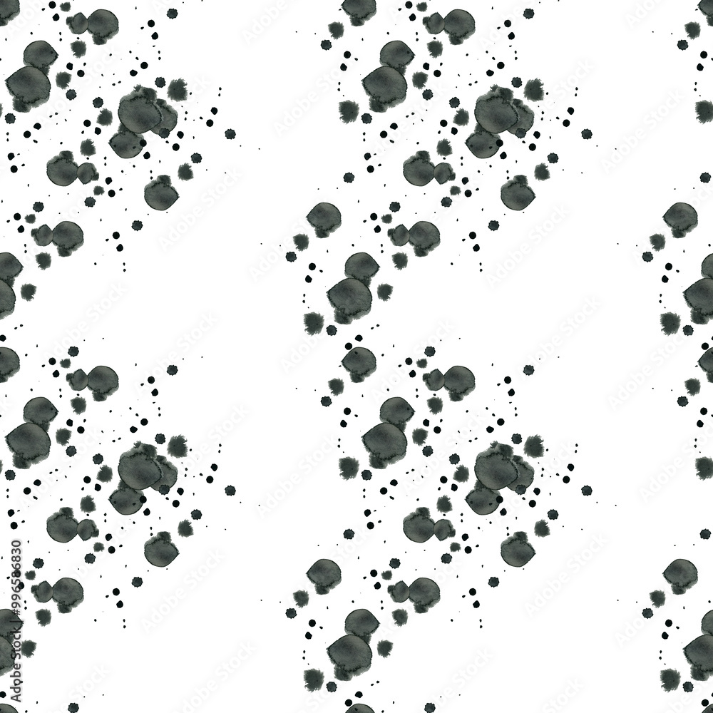 Watercolor seamless pattern. Drops, splashes of black ink, hand-drawn with watercolor. Watercolor illustration. Suitable for printing on fabric, paper, for scrapbooking, creativity and design. Watercolor seamless pattern. Drops, splashes of black ink, hand-drawn with watercolor. Watercolor illustration. Suitable for printing on fabric, paper, for scrapbooking, creativity and design.