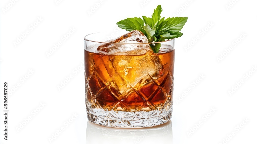 An old-fashioned cocktail drink served in a glass with a single ice cube and garnish, isolated on a white background, perfect for drink-related product displays. An old-fashioned cocktail drink served in a glass with a single ice cube and garnish, isolated on a white background, perfect for drink-related product displays.