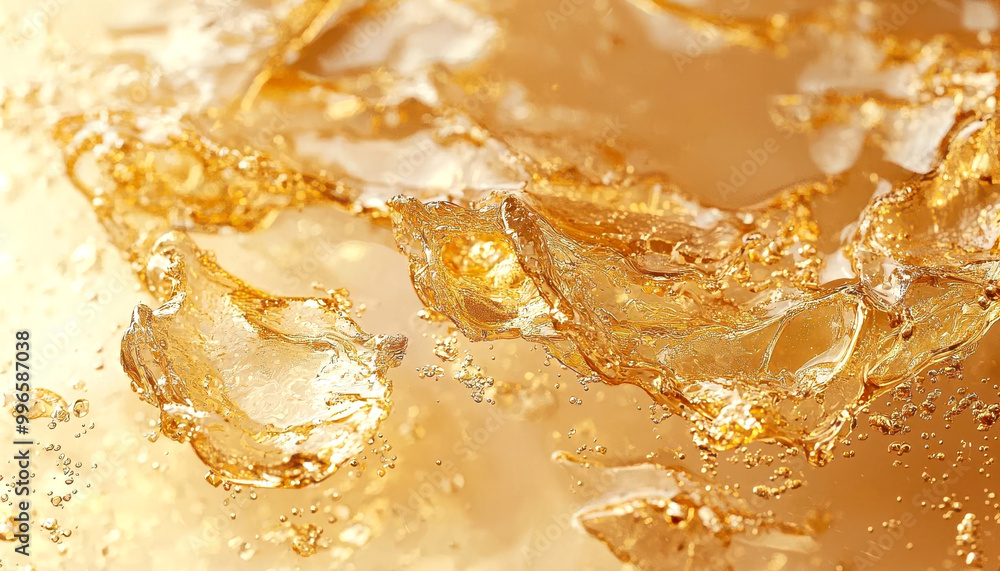 Close-up of golden liquid with ripples and sparkling reflections. Close-up of golden liquid with ripples and sparkling reflections.