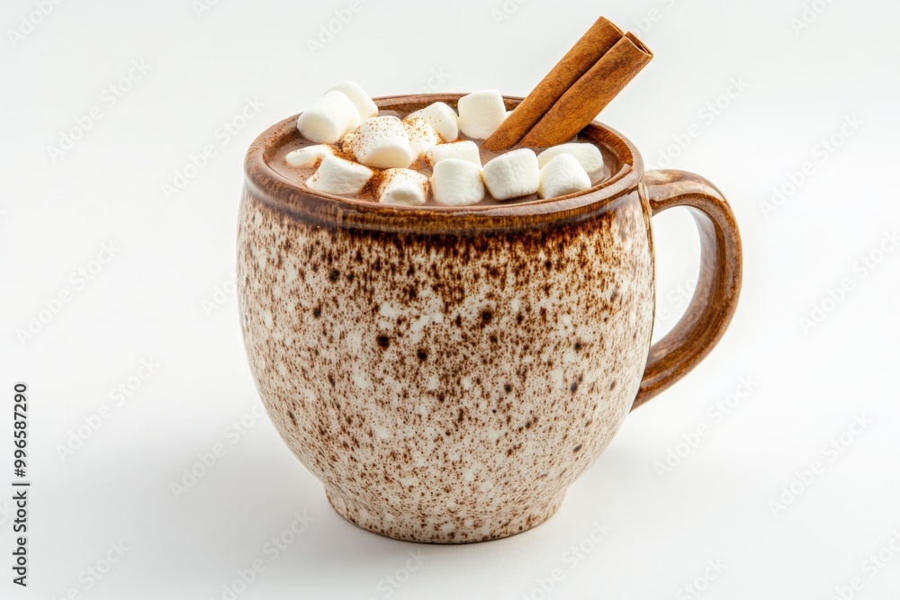 a rustic, earthenware cup filled with a spicy, aromatic hot chocolate, garnished with a cinnamon stick and a few marshmallows, set against a clean, snowy white background. a rustic, earthenware cup filled with a spicy, aromatic hot chocolate, garnished with a cinnamon stick and a few marshmallows, set against a clean, snowy white background.