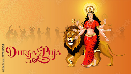 Vibrant Durga Puja Goddess Durga with Eight Arms Riding a Lion Silhouettes of People Dancing in Celebration and Durga Puja Text in Decorative Font