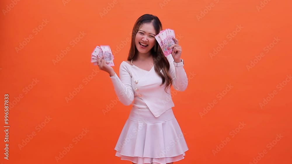 gesture of beautiful young asian woman in casual white clothes holding rupiah money with both hands cheerfully while dancing on a plain orange background. for advertising content, lifestyle, finance gesture of beautiful young asian woman in casual white clothes holding rupiah money with both hands cheerfully while dancing on a plain orange background. for advertising content, lifestyle, finance
