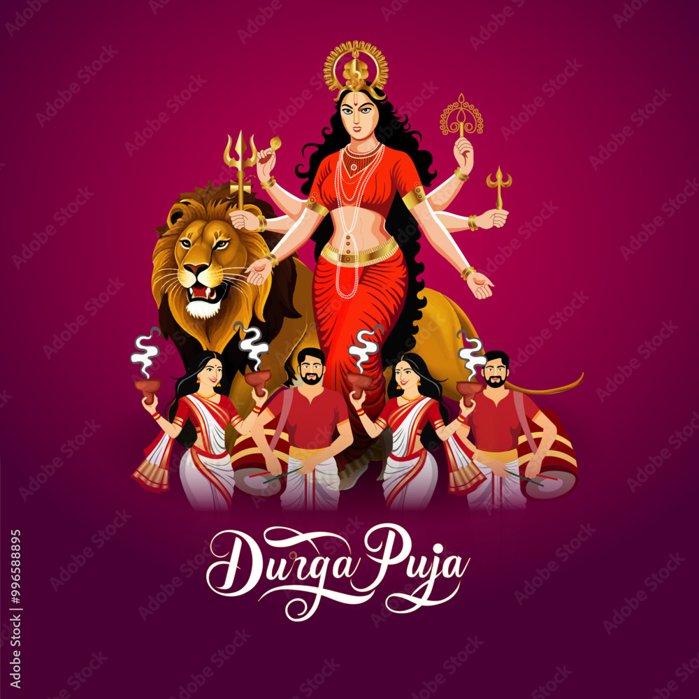 Fototapeta premium Vibrant Durga Puja Celebration Goddess Durga with Eight Arms on a Lion People Dancing and Praying Lit Diya Lamps Symbolizing Light and Durga Puja Text