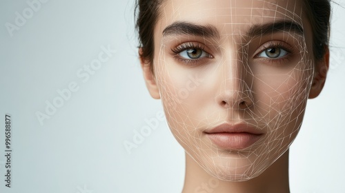 A young woman showcases her flawless complexion while standing against a neutral backdrop. Digital lines enhance her features, emphasizing beauty and modern aesthetics photo