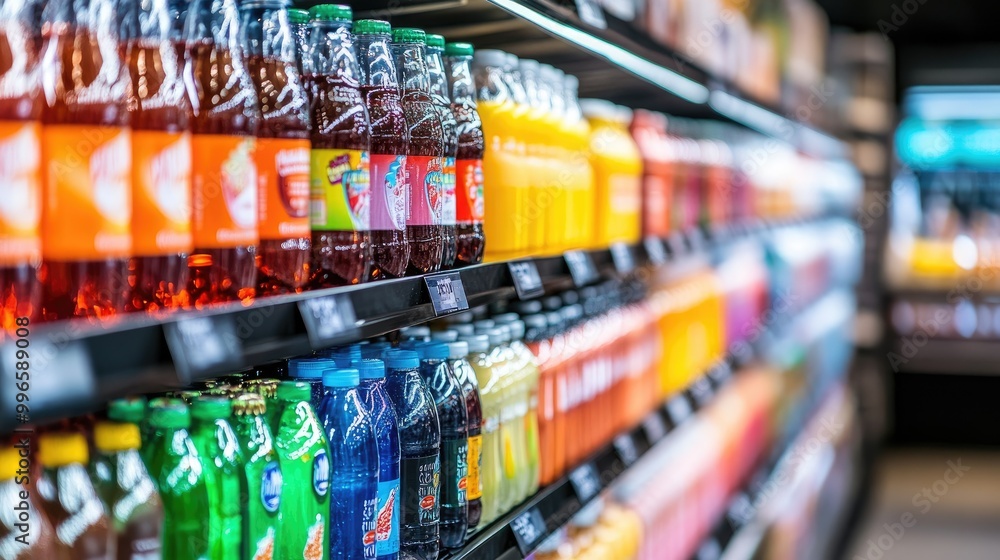 Shelves packed with colorful drinks in a modern store's refrigerated section, showcasing a wide selection of chilled beverages in a bright, contemporary retail setting. Shelves packed with colorful drinks in a modern store's refrigerated section, showcasing a wide selection of chilled beverages in a bright, contemporary retail setting.