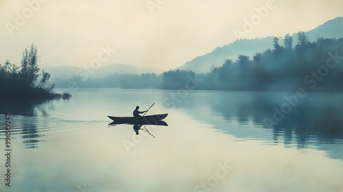 47. A serene river scene with a fisherman quietly paddling in a canoe