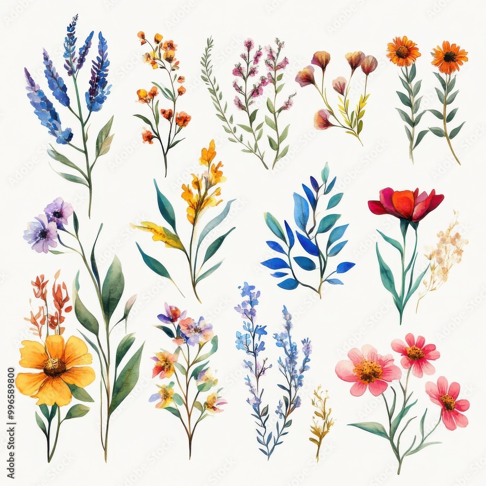 A vibrant collection of various floral elements illustrated artistically for decorative or graphic design purposes. A vibrant collection of various floral elements illustrated artistically for decorative or graphic design purposes.