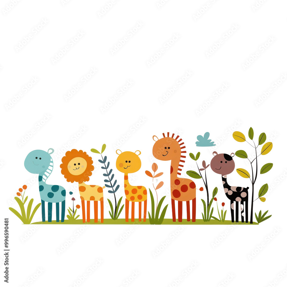 Obraz premium A colorful illustration of cartoon animals standing in a grassy landscape, perfect for children's materials and playful designs.
