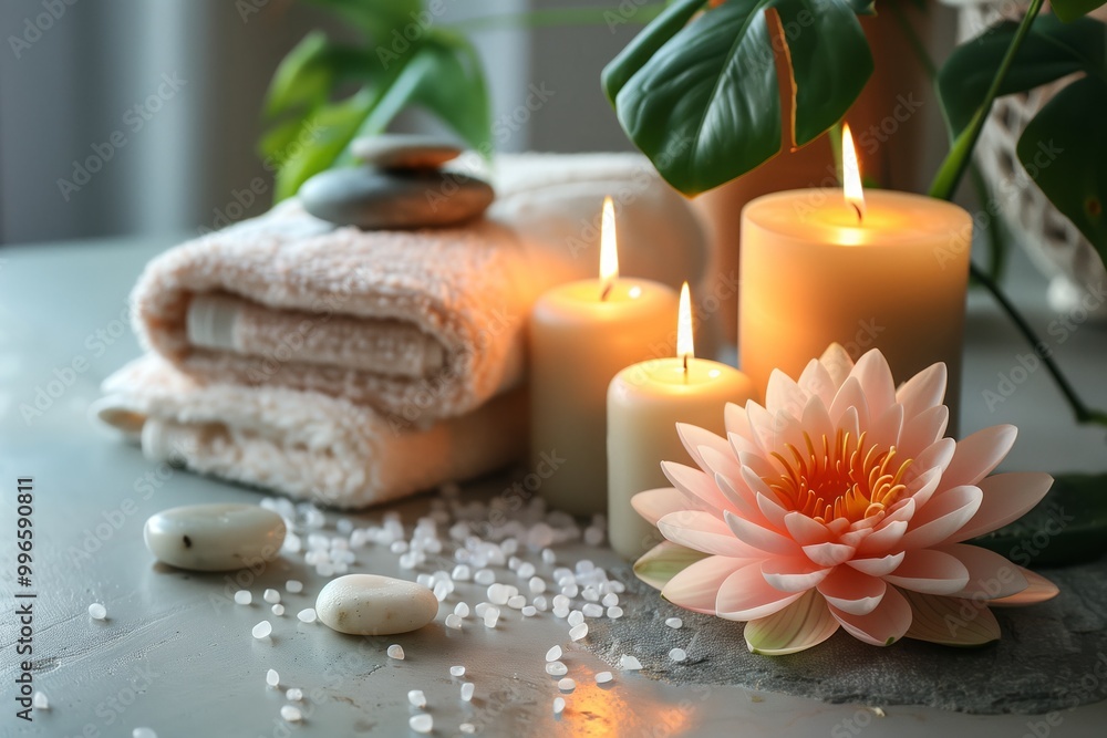 On the table there is a pink flower, candles, rolled towels and stones. The scene is calm and relaxing On the table there is a pink flower, candles, rolled towels and stones. The scene is calm and relaxing