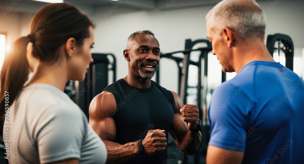 Energetic middleaged Black personal trainer in a gym instructing a client Energetic middleaged Black personal trainer in a gym instructing a client