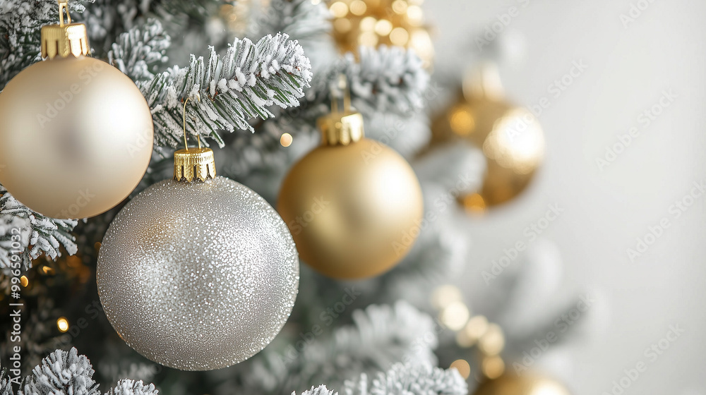 Luxurious gold and silver Christmas decorations on a modern, minimalist Christmas tree, set against a white background for an elegant holiday look, Generative AI Luxurious gold and silver Christmas decorations on a modern, minimalist Christmas tree, set against a white background for an elegant holiday look, Generative AI