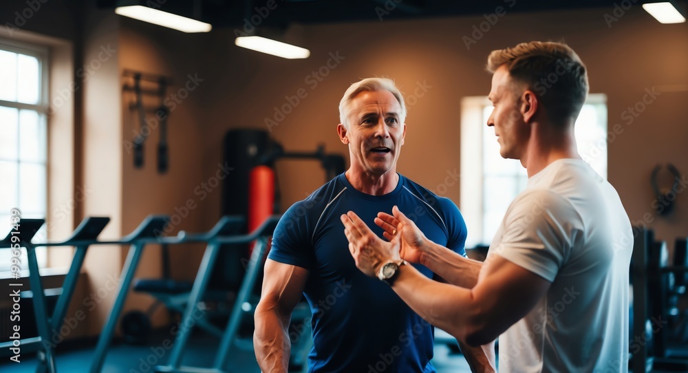 Energetic middleaged Caucasian personal trainer in a gym instructing a client Energetic middleaged Caucasian personal trainer in a gym instructing a client
