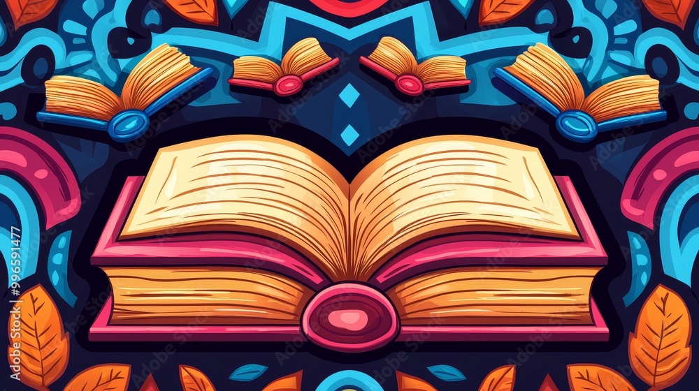 Colorful artistic illustration of an open book surrounded by decorative elements. Colorful artistic illustration of an open book surrounded by decorative elements.