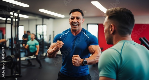 Energetic middleaged Hispanic fitness trainer in a gym motivating a client